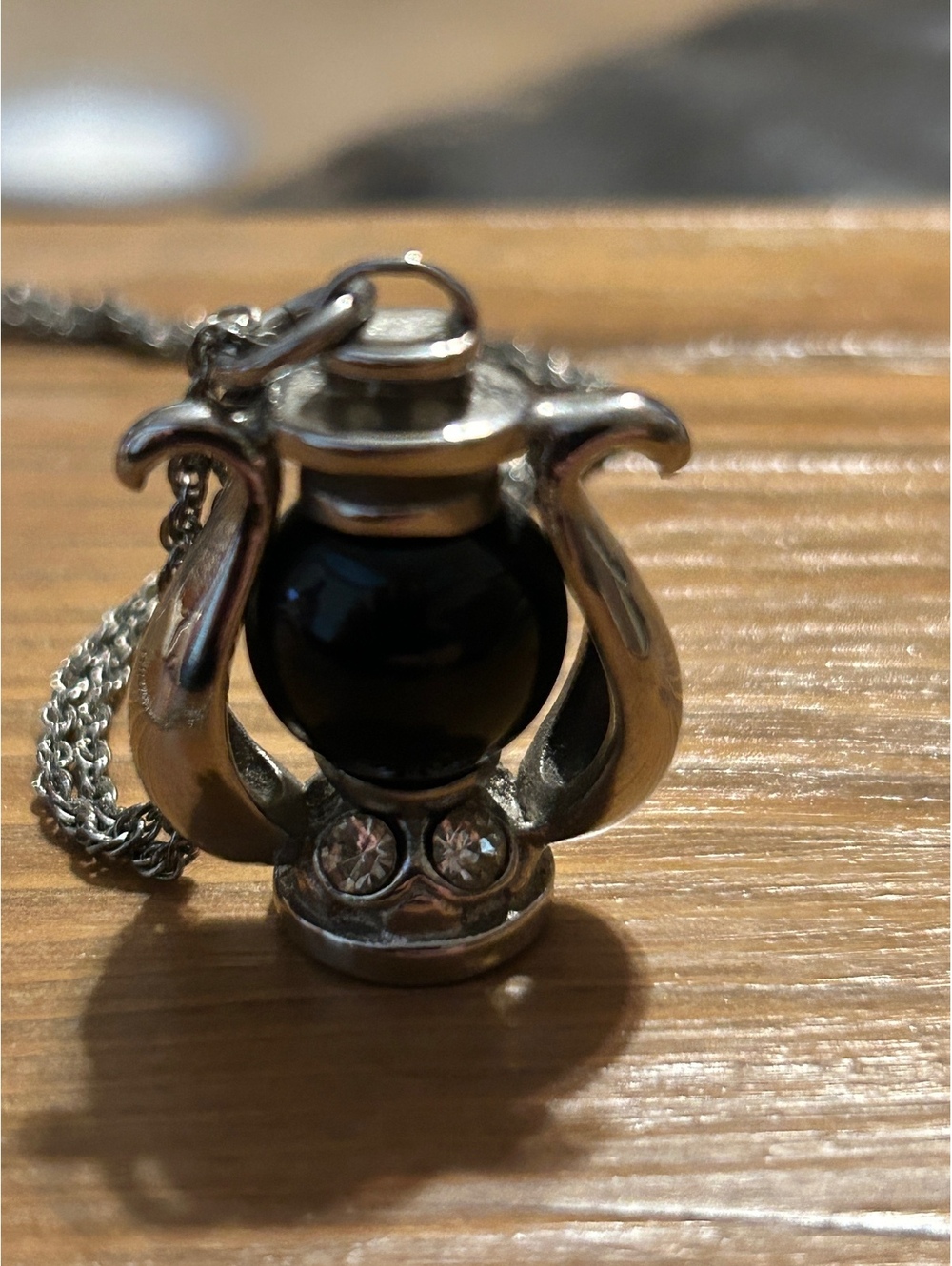 Lantern Pendant Necklace with Black Stone and Rhinestones, 316L Stainless Steel